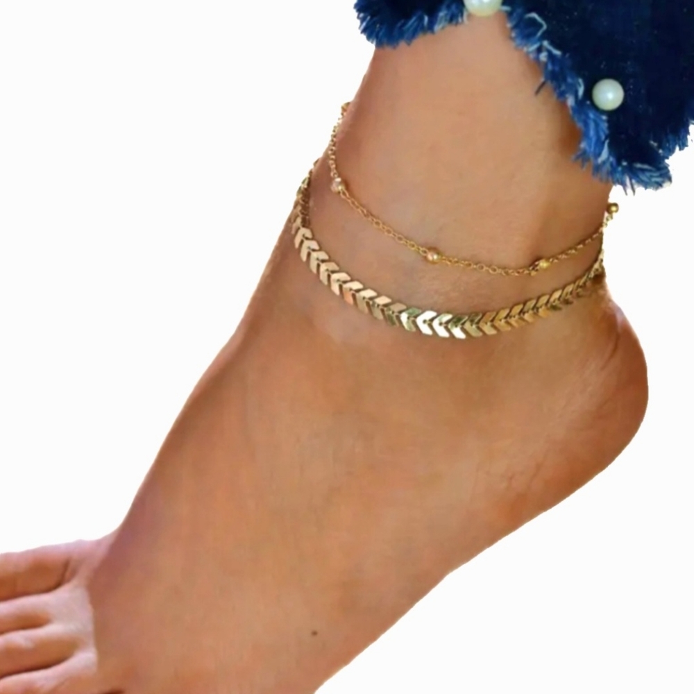 2pc Set Gold Chevron Arrow Herringbone Beaded Anklet Anklets Ankle Bracelets